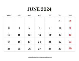 June printable calendar 2024 from monday preview