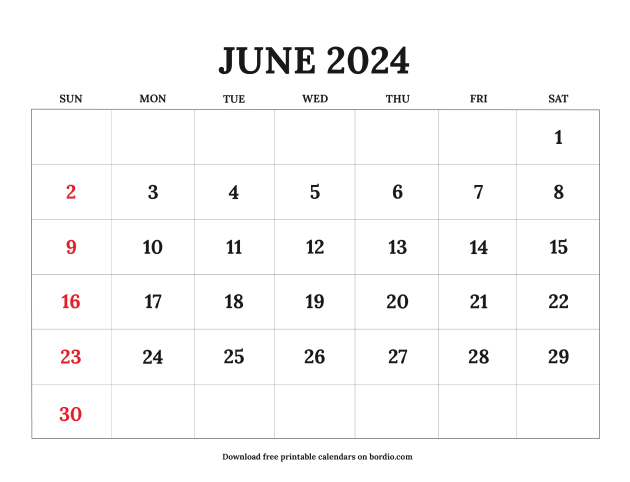 June 2024 Printable Calendar: Free Download (pdf)
