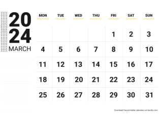March 2024 calendar for print monday preview