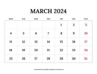 March printable calendar 2024 from monday preview