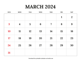 March printable calendar 2024 from sunday preview