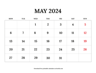 May printable calendar 2024 from monday preview