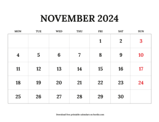 November printable calendar 2024 from monday preview