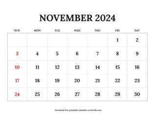 November printable calendar 2024 from sunday preview
