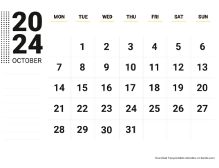 October 2024 calendar for print monday preview