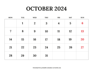 October printable calendar 2024 from monday preview