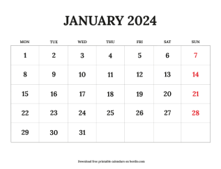 Printable calendar 2024 from Monday preview