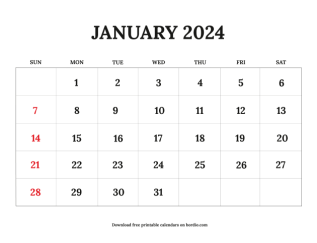 Printable calendar 2024 from Sunday preview