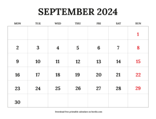 September printable calendar 2024 from monday preview