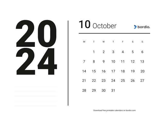 October 2024 Printable Calendar Free Download Pdf