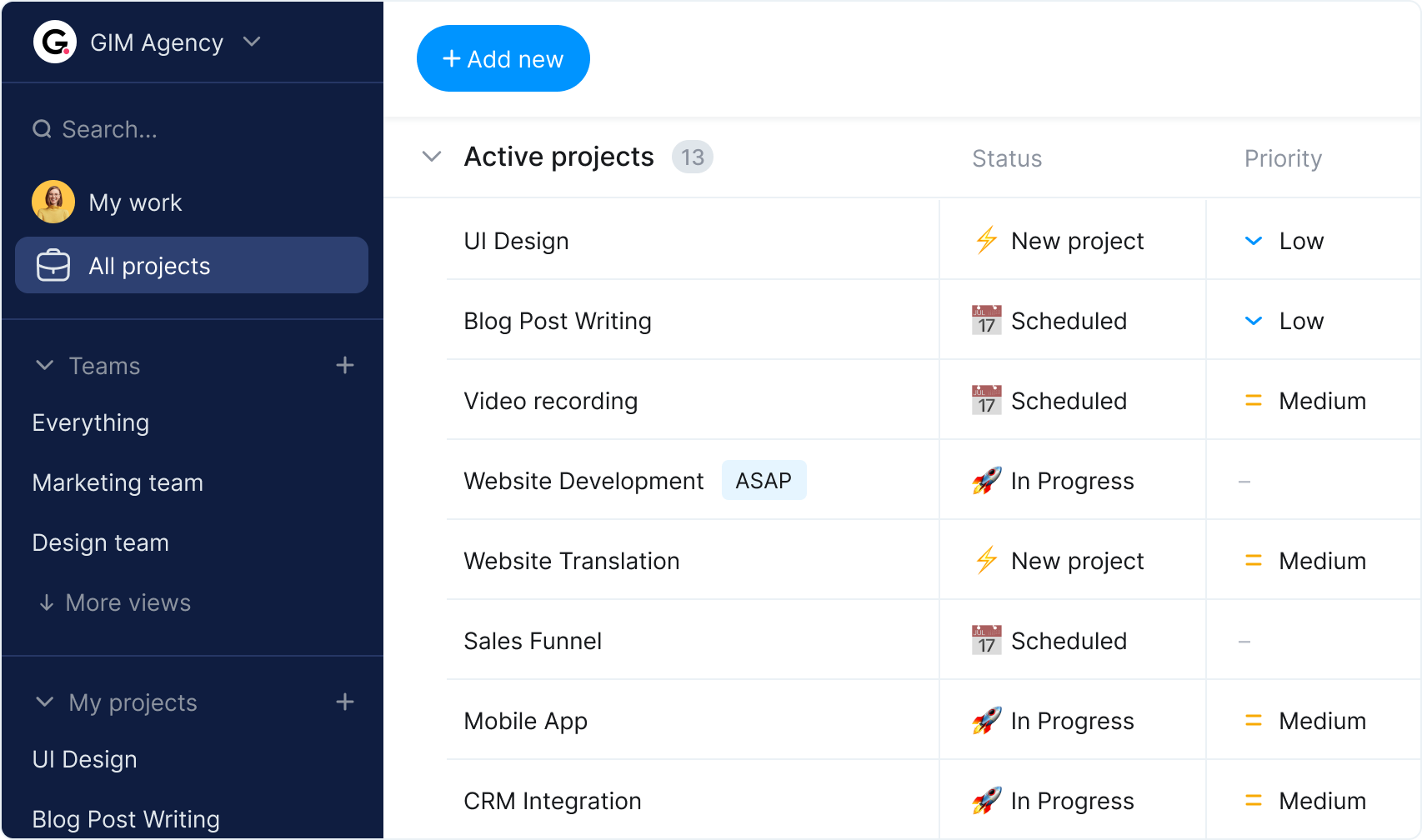 All projects overview feature